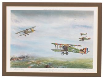 A painting of a group of airplanes flying over a field.