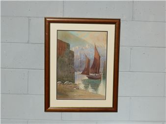 Cornish harbour with sailing boat, possibly Polperro - Frank Sherwin