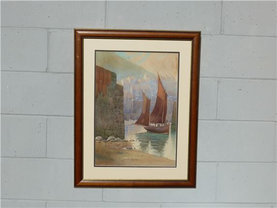 Cornish harbour with sailing boat, possibly Polperro - Frank Sherwin