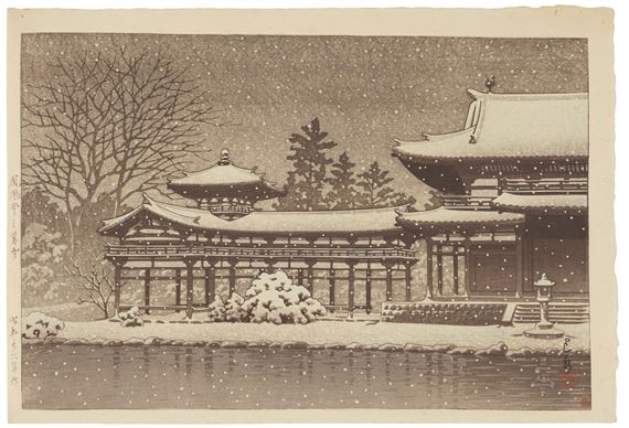 Hoodo no bosetsu (Evening snow at Phoenix Hall) by Hasui Kawase, dated 1951