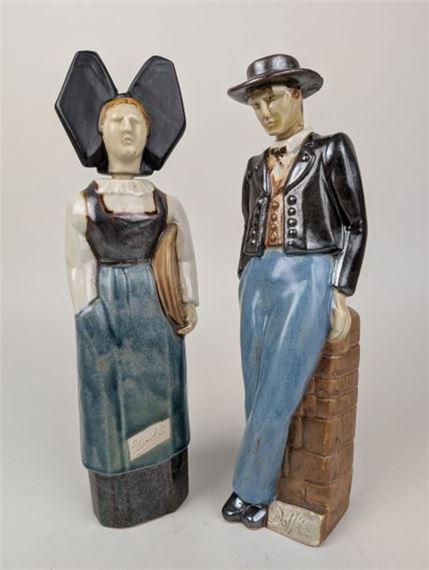 Alsacien and Alsacienne Two polychrome earthenware liqueur bottles forming a pendant by Henriot Quimper