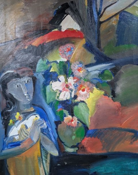 Artwork by Philippe Stoll, Woman and bouquet, Made of Oil On Canvas