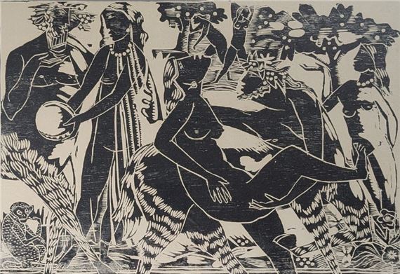 Bacchanalia Woodcut by Philippe Stoll