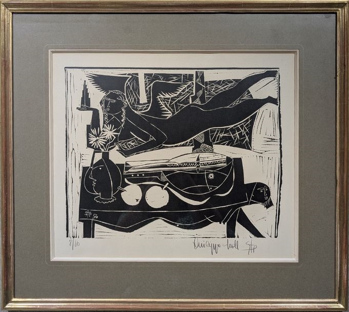 Artwork by Philippe Stoll, Woman with sofa, Made of Woodcut