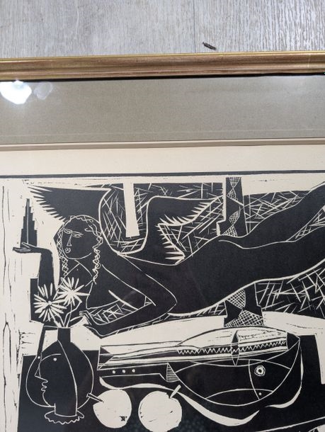 Artwork by Philippe Stoll, Woman with sofa, Made of Woodcut