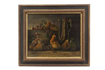 A painting of pears and other fruit on a table.