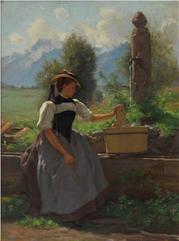 Jeune femme à la fontaine dans la campagne genevoise - François Furet