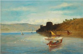 A serene river scene with boats, a castle on a hill, and swans gliding across the water.