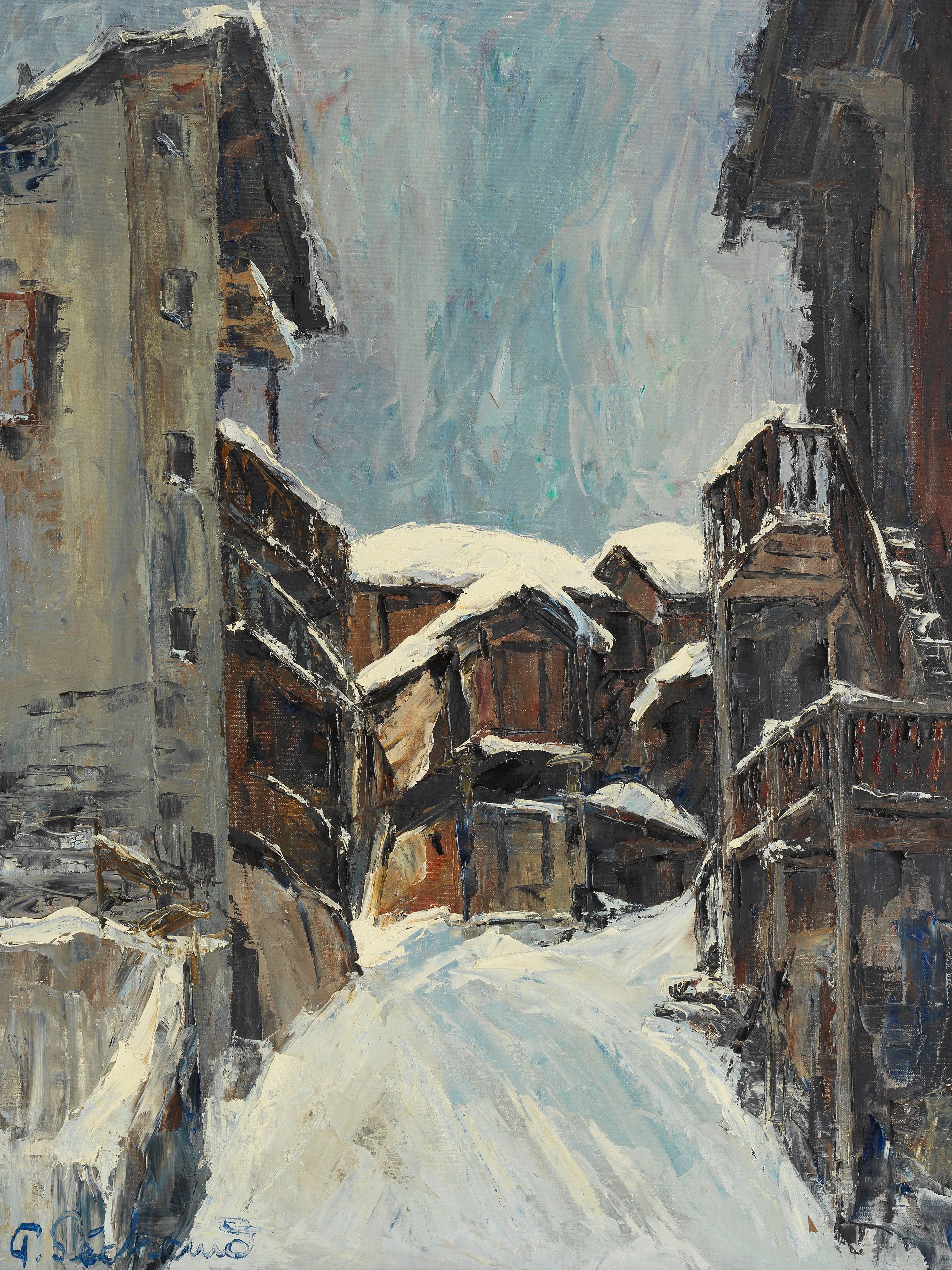 Artwork by Paul Sechaud, Hinterdorfstrasse en hiver, Zermatt, Made of oil on canvas