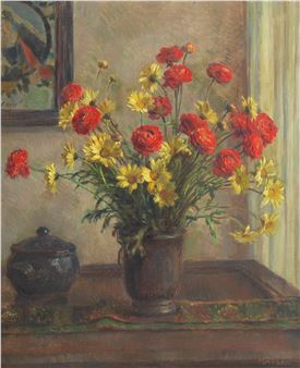 Bouquet de fleurs marguerites jaunes et lisanthus rouges - Henri-Marcel Robert