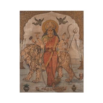 The goddess Durga, or Jagadhatri (a form of Durga) with her lion, in composite form, made of other Hindu deities - South Indian School, 20th Century