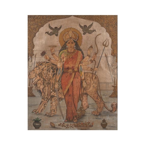 The goddess Durga, or Jagadhatri (a form of Durga) with her lion, in composite form, made of other Hindu deities - South Indian School, 20th Century