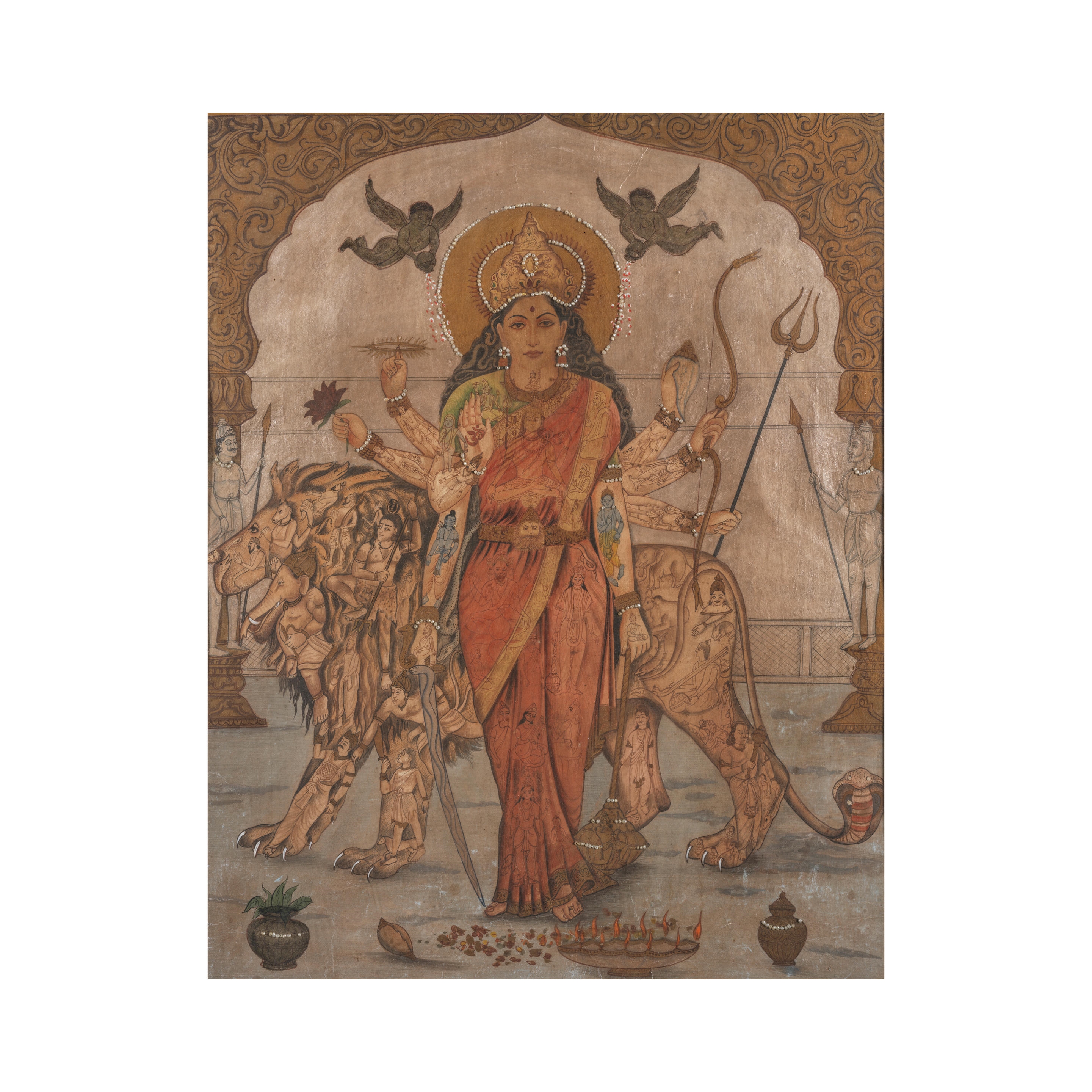 Artwork by South Indian School, 20th Century, The goddess Durga, or Jagadhatri (a form of Durga) with her lion, in composite form, made of other Hindu deities, Made of watercolour on paper with applied