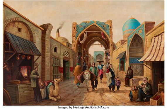 A bustling Arabian marketplace by Persian School