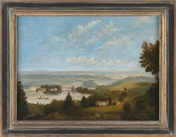 American School, 18th Century | Expansive river landscape with bridges ...
