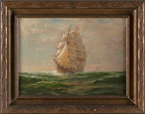 Full-rigged ship with a steamship off her stern