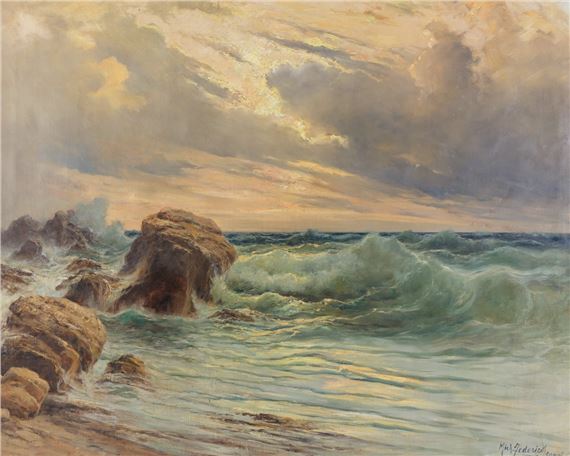 A dramatic seascape painting capturing turbulent waves crashing against rugged rocks under a moody sky.