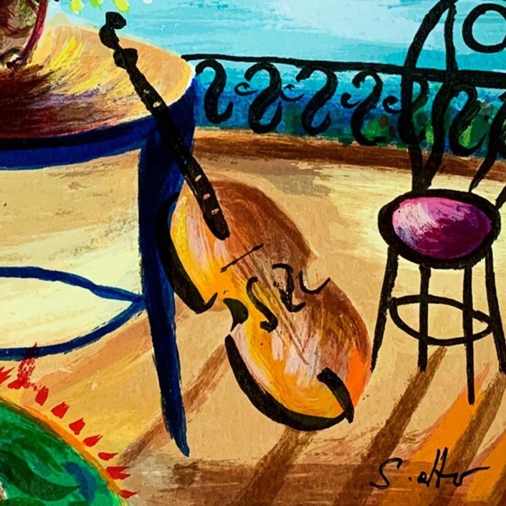 A painting of flowers on a table with a violin.