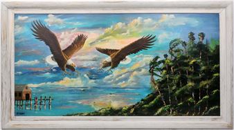 A seascape painting featuring two soaring eagles over a coastal landscape.