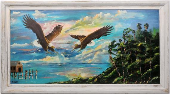 A seascape painting featuring two soaring eagles over a coastal landscape.