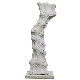 A white marble sculpture of a segmented, organic column with an irregular, flowing form.