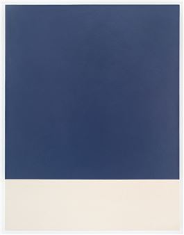 A minimalist abstract composition featuring a split of deep blue and cream.