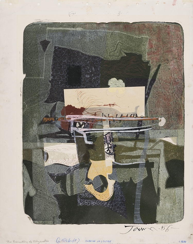 A collage of a painting on a piece of paper.