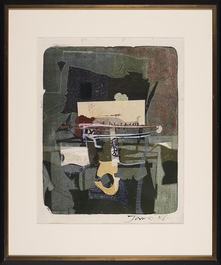 A collage of a painting on a piece of paper.