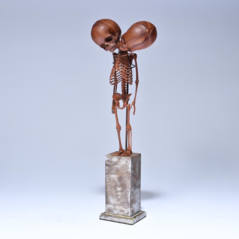 Artwork by Willy Vandekerckhove, sculpture of a wooden two-headed skeleton under a glass dome, Made of Wood