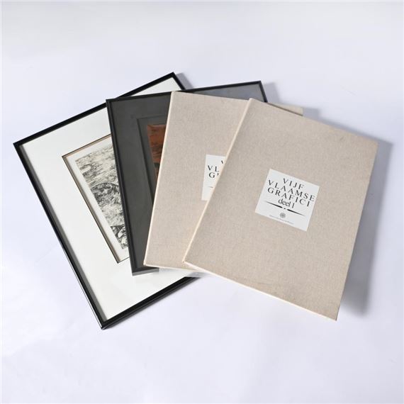 Collection graphic art, etching plate Frans Minnaert with etching and 2 folders Flemish graphics
