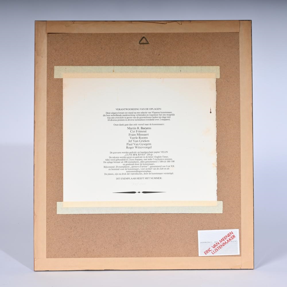 Artwork by Frans Minnaert, Collection graphic art, etching plate Frans Minnaert with etching and 2 folders Flemish graphics, Made of Etching