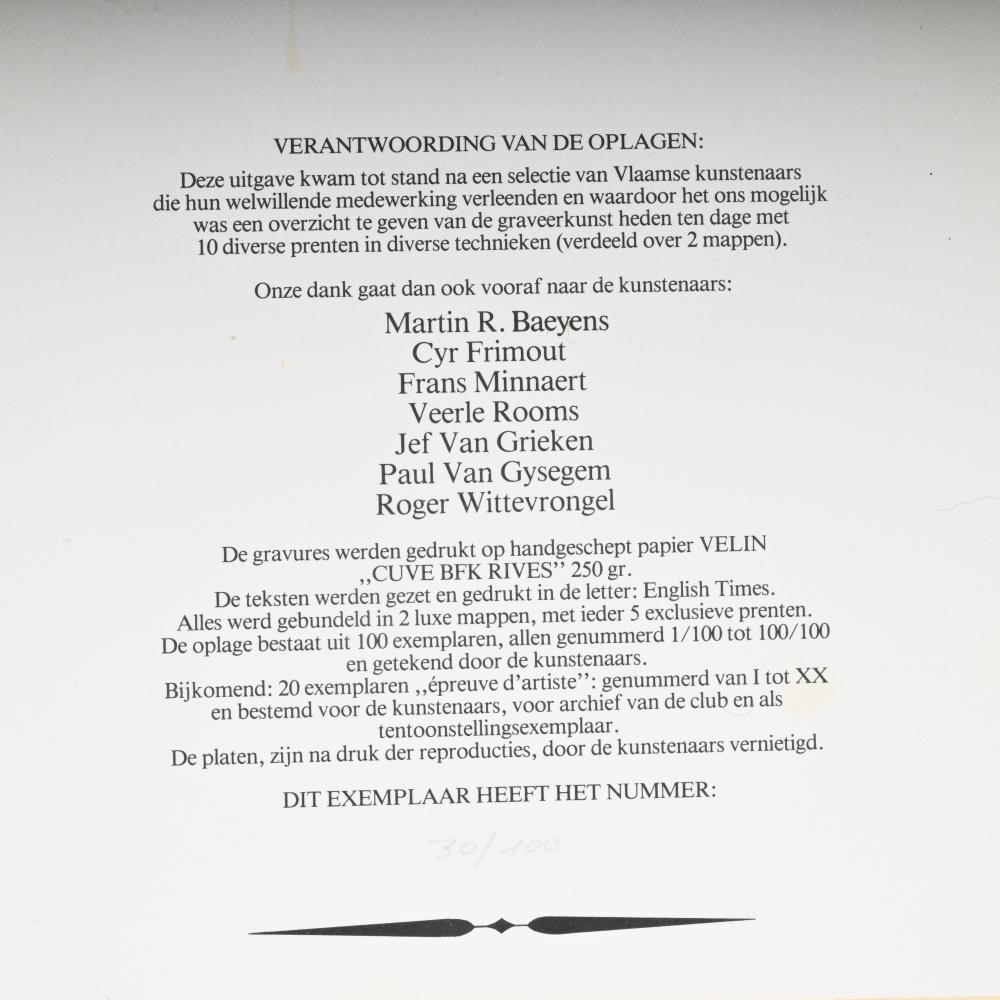 Artwork by Frans Minnaert, Collection graphic art, etching plate Frans Minnaert with etching and 2 folders Flemish graphics, Made of Etching