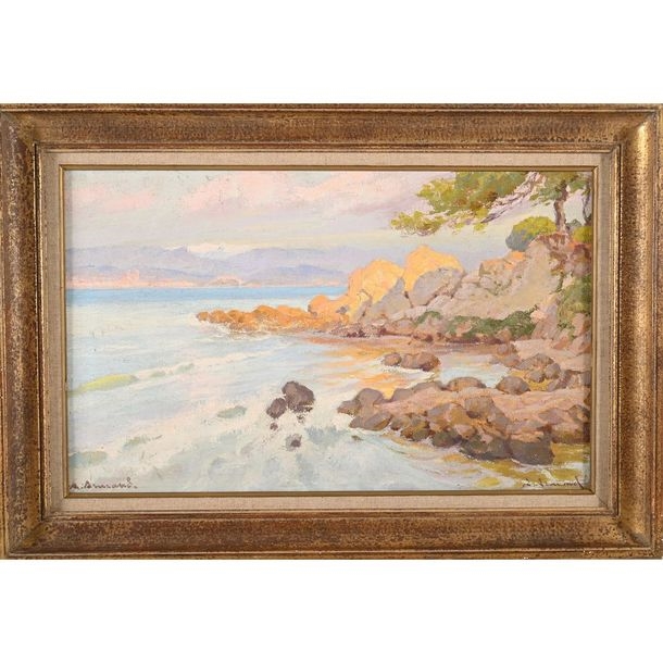 Artwork by Aristide Armand, Mediterranean Seaside, Made of oil on cardboard