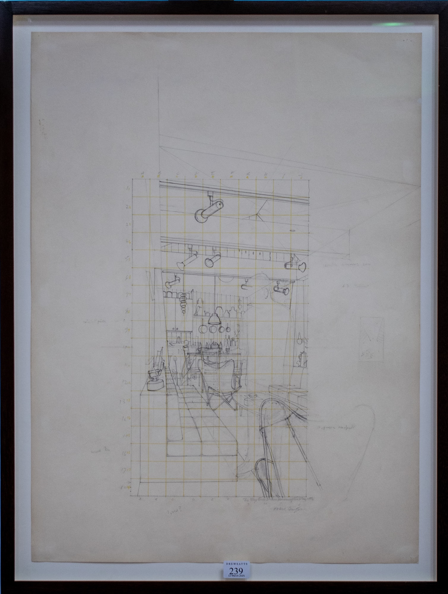 Artwork by Patrick Caulfield, Study for The Mysterious Suspicion: After Margritte, Made of Pencil And Pen On Paper