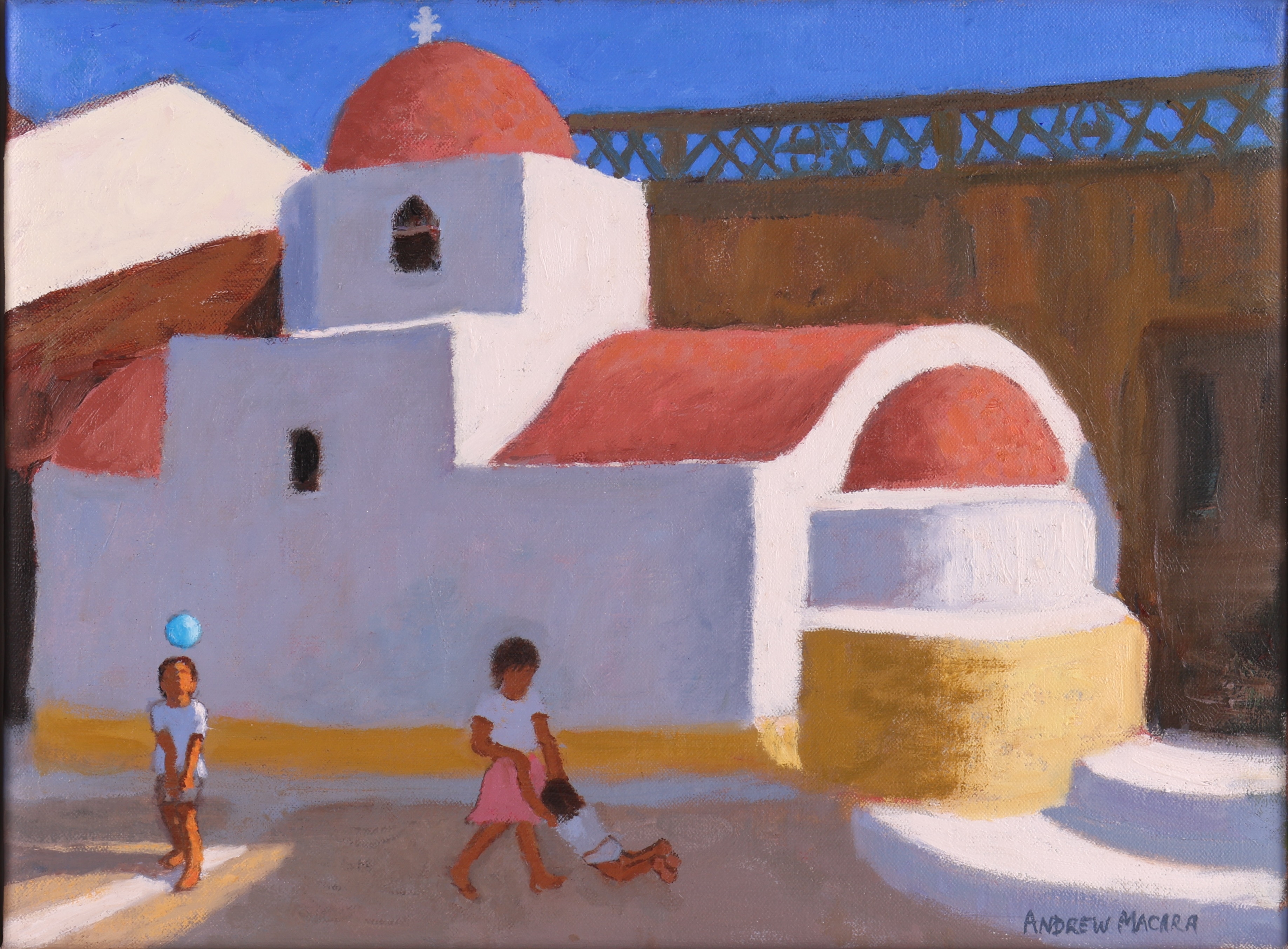 Artwork by Andrew Macara, Playing by the Church, Karpathos, Greek Islands, Made of Oil On Canvas