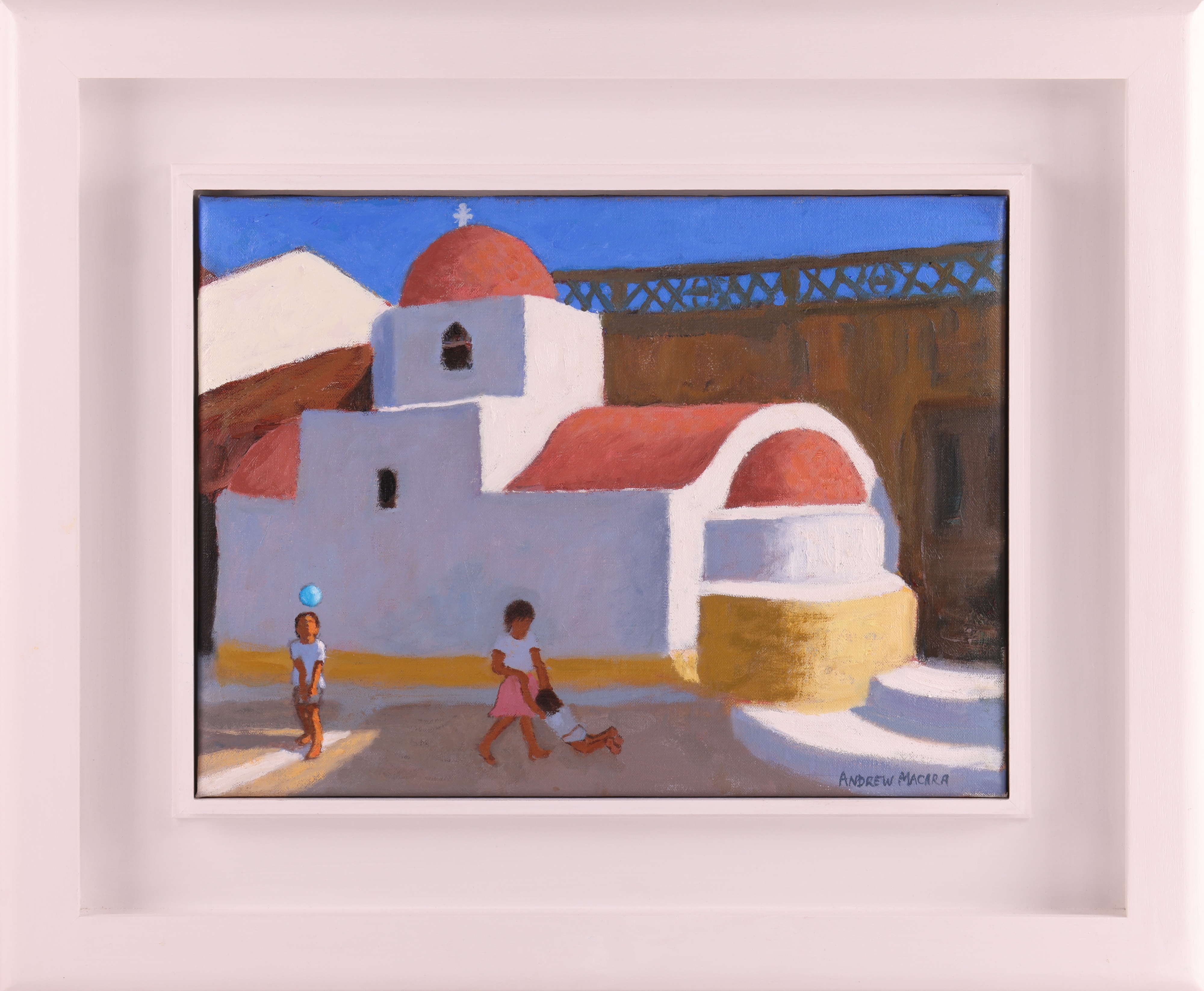 Artwork by Andrew Macara, Playing by the Church, Karpathos, Greek Islands, Made of Oil On Canvas