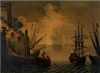 Veduta di porto con imbarcazioni e pescatori - Pietro Antoniani