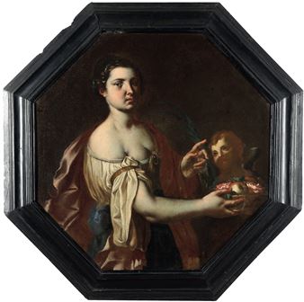 Scuola romana del XVII secolo Fanciulla con cesto di frutti e fiori - Roman School, 17th Century
