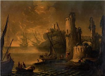 Veduta di porto con imbarcazioni e pescatori - Pietro Antoniani