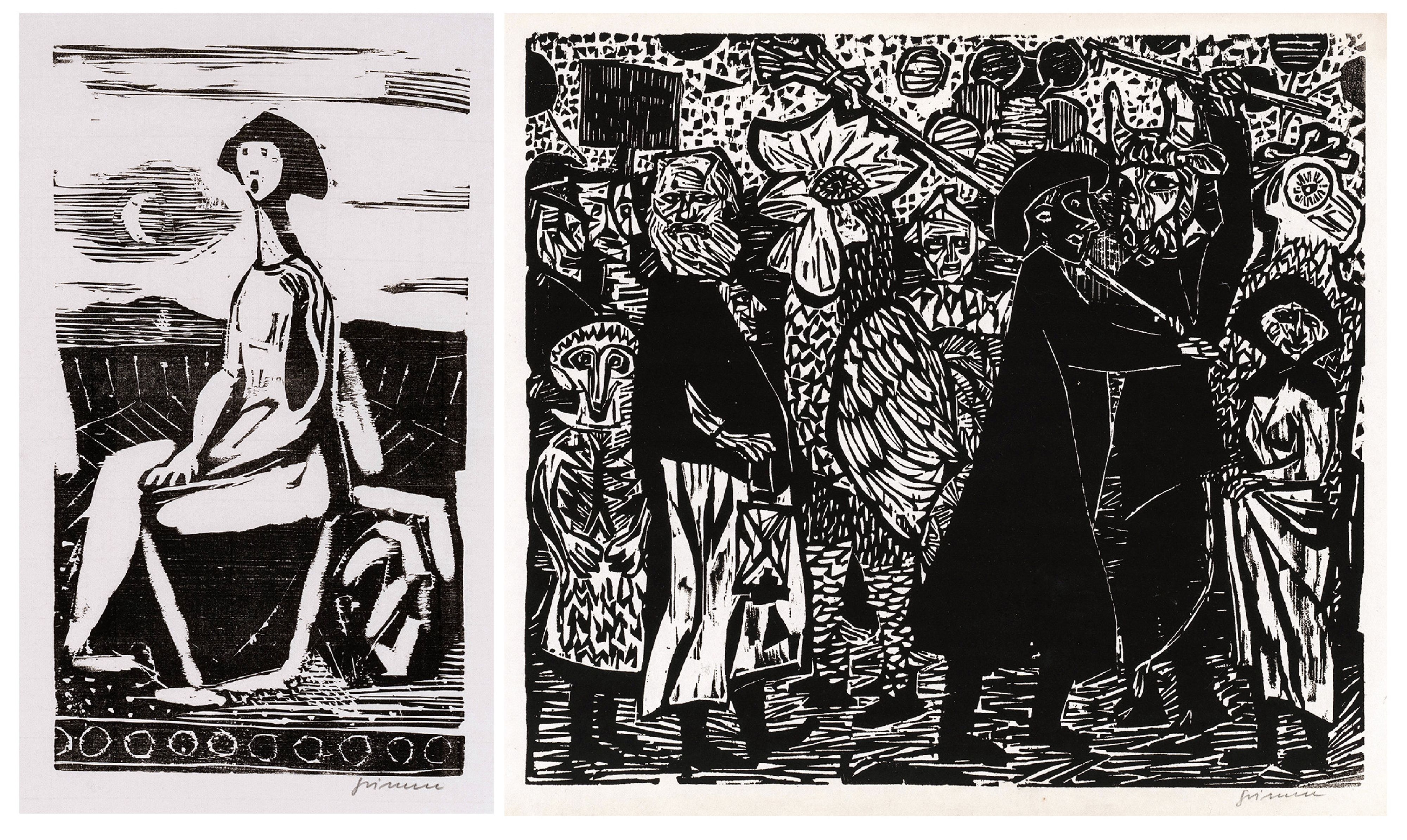 A diptych of black and white woodcuts featuring a solitary seated figure on the left and a crowded, dynamic gathering on the right.