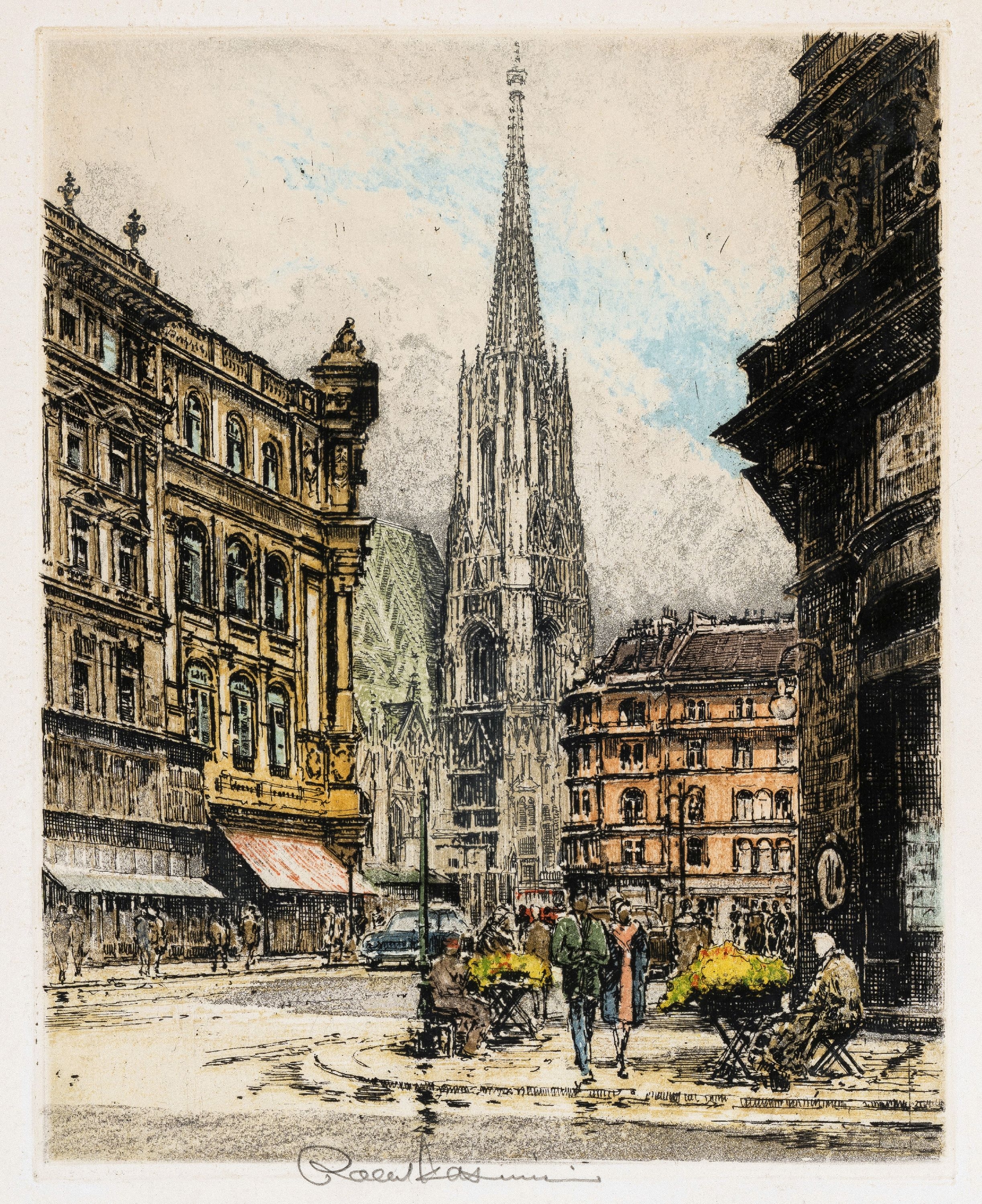 Artwork by Robert Kasimir, Wien, Blick auf den Stefansdom, Made of color etching