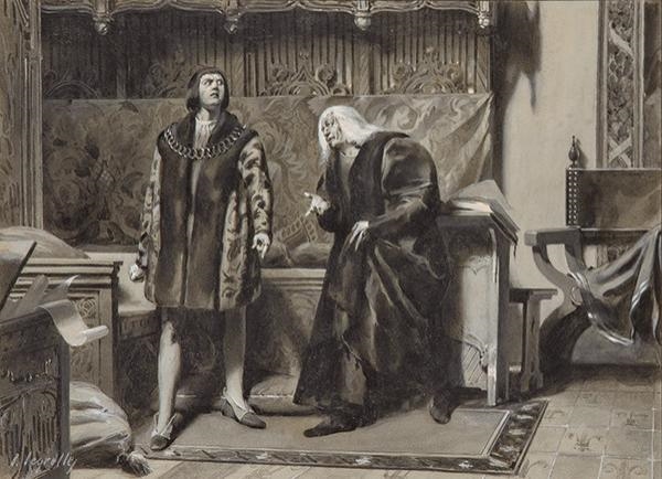 Artwork by José Segrelles, Enrique IV de Castilla y Guillem Sorolla ajusticiado, Made of Grisalla sobre papel