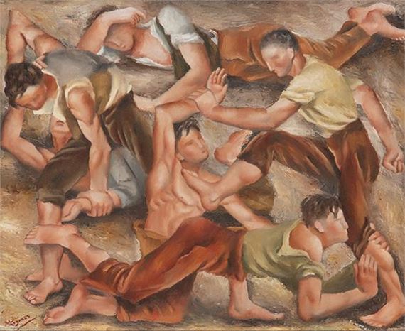A dynamic composition of multiple figures in a wrestling or grappling scene.