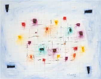 An abstract composition featuring a grid of colorful, glowing squares against a pale blue background.