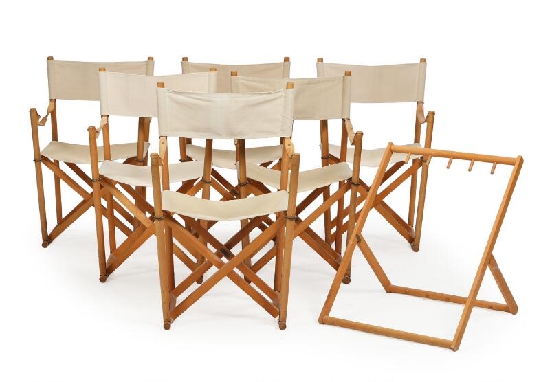 Artwork by Mogens S. Koch, Set of six beech folding chairs with matching rack, Made of Beech, Light Canvas, Full Grain Leather