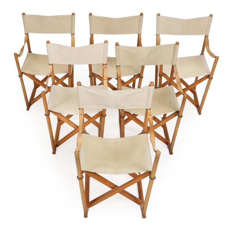 Artwork by Mogens S. Koch, Set of six beech folding chairs with matching rack, Made of Beech, Light Canvas, Full Grain Leather