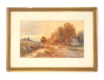 study of a rural scene with figure herding cattle alongside a river, church and cottages nearby - Francis Joseph Kinnaird