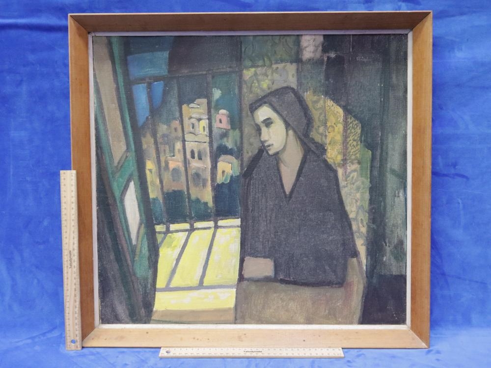 Artwork by John Rigby, LADY AT THE WINDOW, Made of Oil On Board