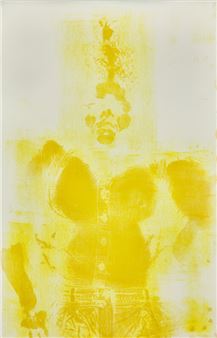 A yellow-toned print of a figure in a suit with a crown, rendered in a loose, textured style.