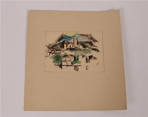 a small watercolour depicting Continental town amongst mountains - Heinz Fuchs